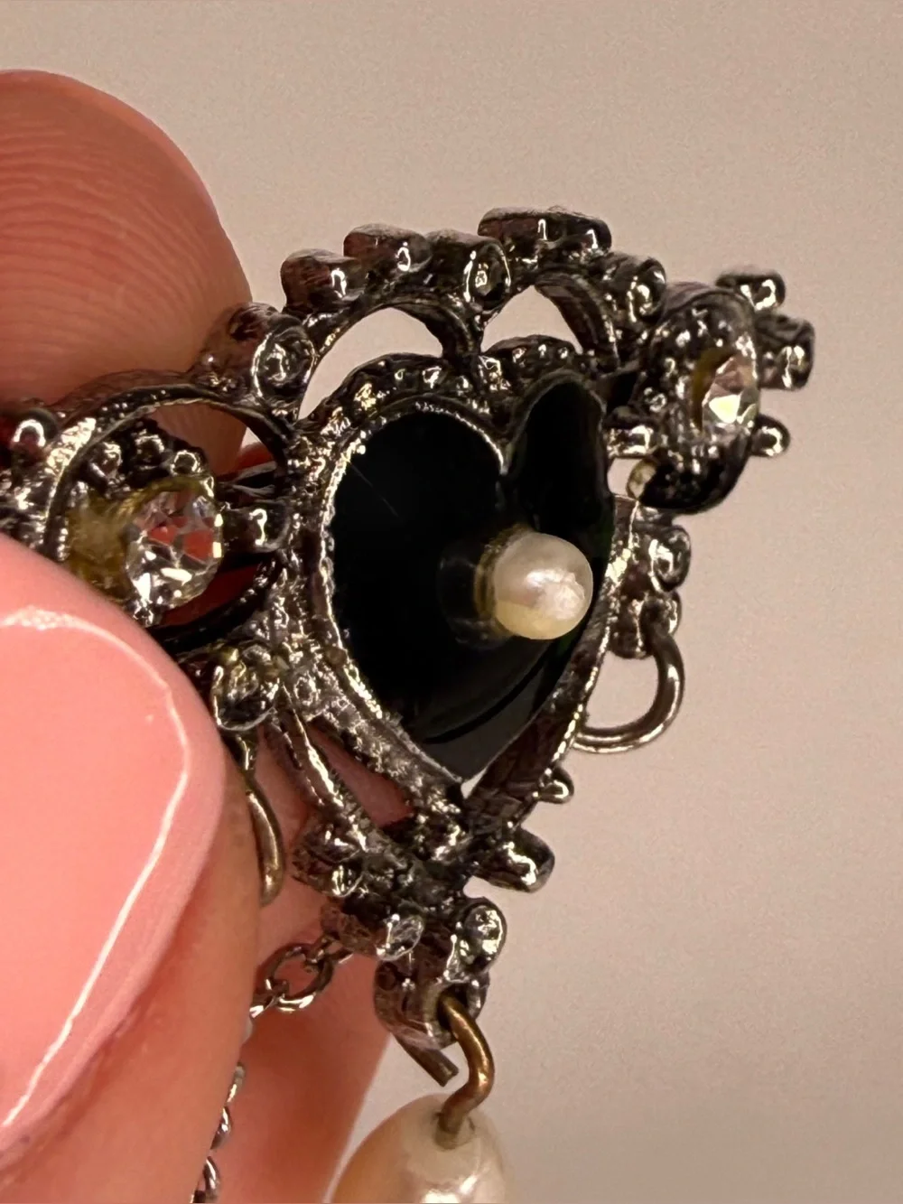 Vintage Signed Florenza Victorian Revival Mourning Heart Brooch Black Enamel